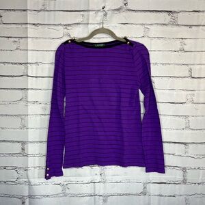 Vintage Lauren Ralph Lauren Purple & Black Striped Long Sleeve Stretch Y2K Top S